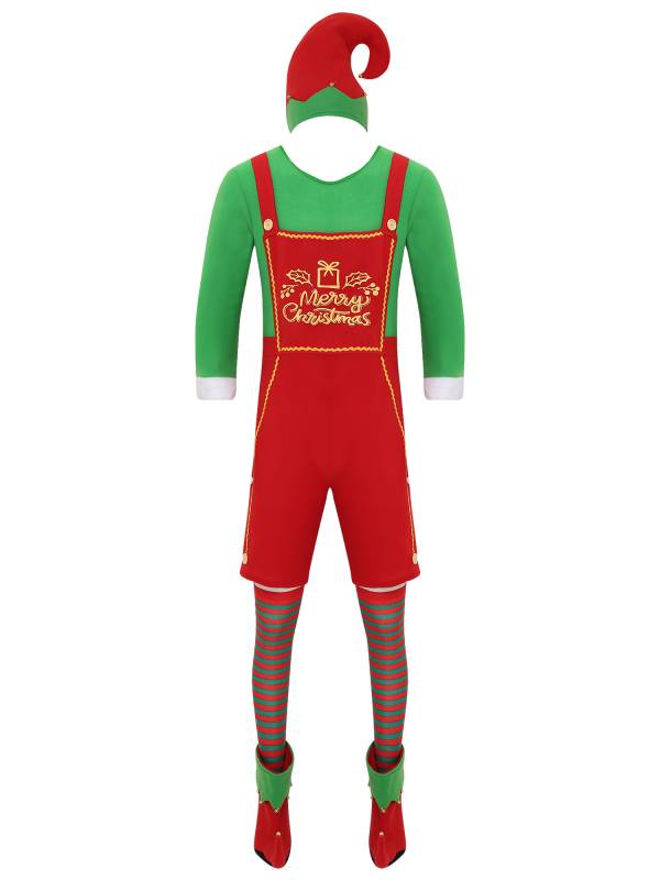 Men Long Sleeve Rompers with Hat Shoes and Stockings Christmas Elf Costume Set thumb