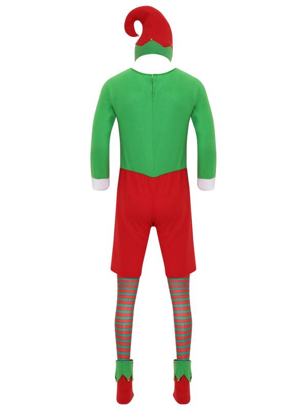Men Long Sleeve Rompers with Hat Shoes and Stockings Christmas Elf Costume Set thumb