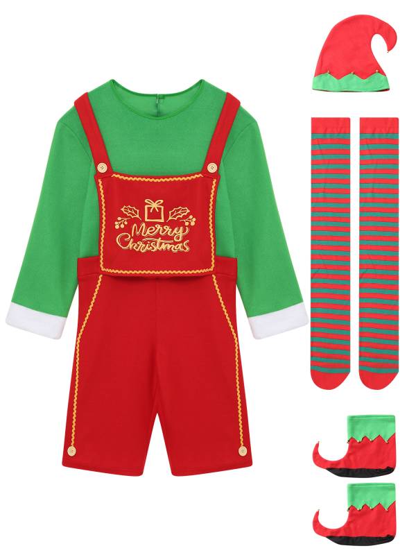 Men Long Sleeve Rompers with Hat Shoes and Stockings Christmas Elf Costume Set thumb