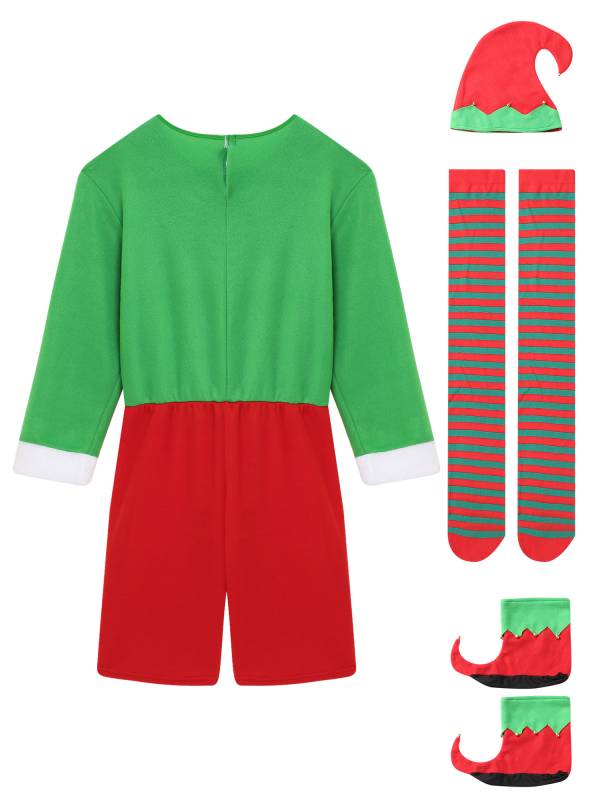 Men Long Sleeve Rompers with Hat Shoes and Stockings Christmas Elf Costume Set thumb