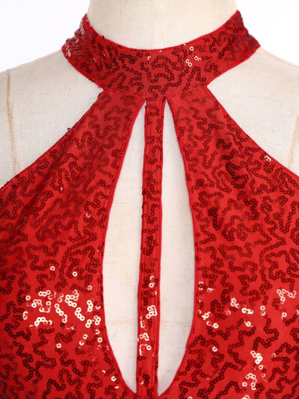 Women Sleeveless Halter Neck Backless Sequins Feather Jazz Dance Leotard thumb