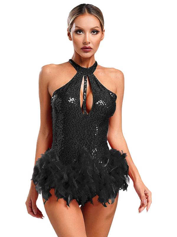 Women Sleeveless Halter Neck Backless Sequins Feather Jazz Dance Leotard thumb