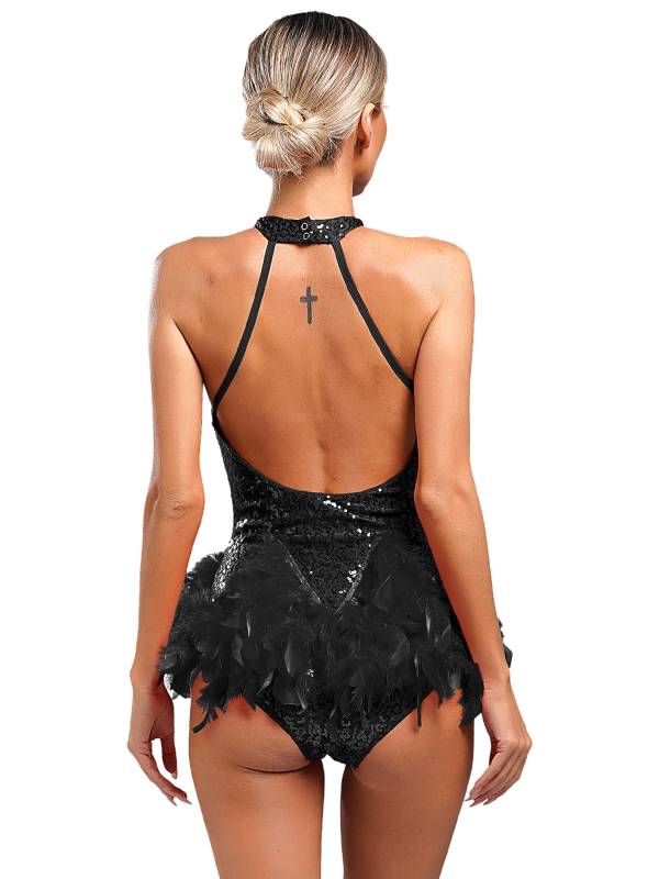 Women Sleeveless Halter Neck Backless Sequins Feather Jazz Dance Leotard thumb