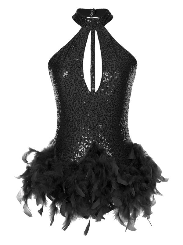 Women Sleeveless Halter Neck Backless Sequins Feather Jazz Dance Leotard thumb