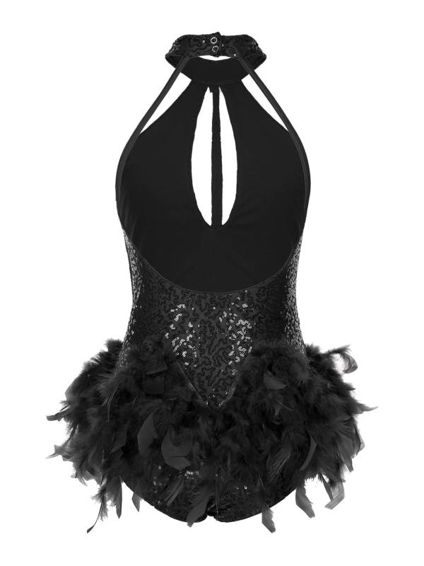 Women Sleeveless Halter Neck Backless Sequins Feather Jazz Dance Leotard thumb