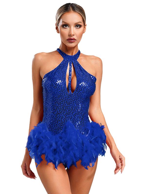 Women Sleeveless Halter Neck Backless Sequins Feather Jazz Dance Leotard thumb