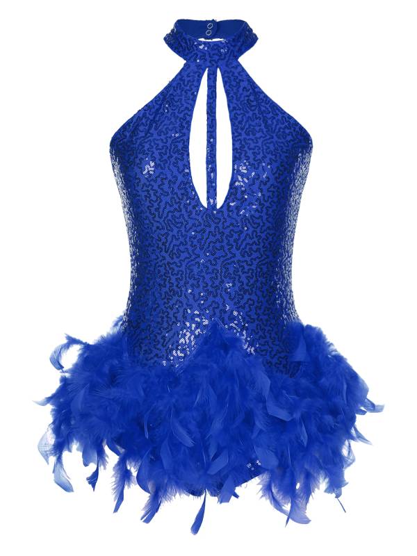 Women Sleeveless Halter Neck Backless Sequins Feather Jazz Dance Leotard thumb