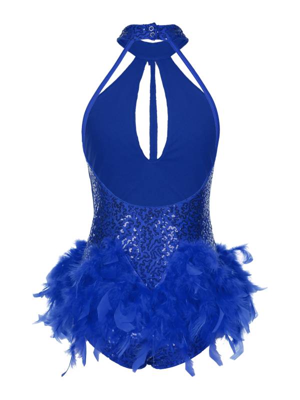 Women Sleeveless Halter Neck Backless Sequins Feather Jazz Dance Leotard thumb
