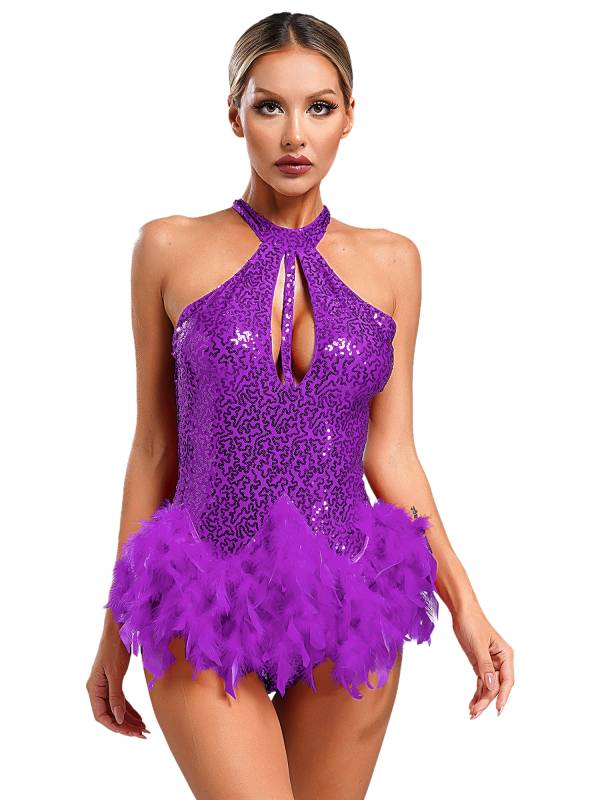 Women Sleeveless Halter Neck Backless Sequins Feather Jazz Dance Leotard thumb