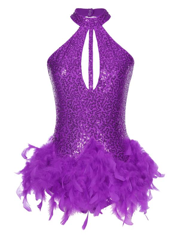 Women Sleeveless Halter Neck Backless Sequins Feather Jazz Dance Leotard thumb