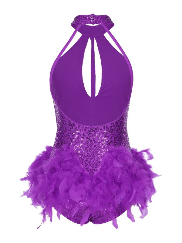 Women Sleeveless Halter Neck Backless Sequins Feather Jazz Dance Leotard thumb