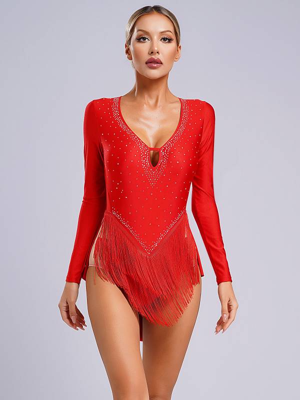 Women V-Neck Long Sleeve Backless Tassels Latin Dance Leotard thumb