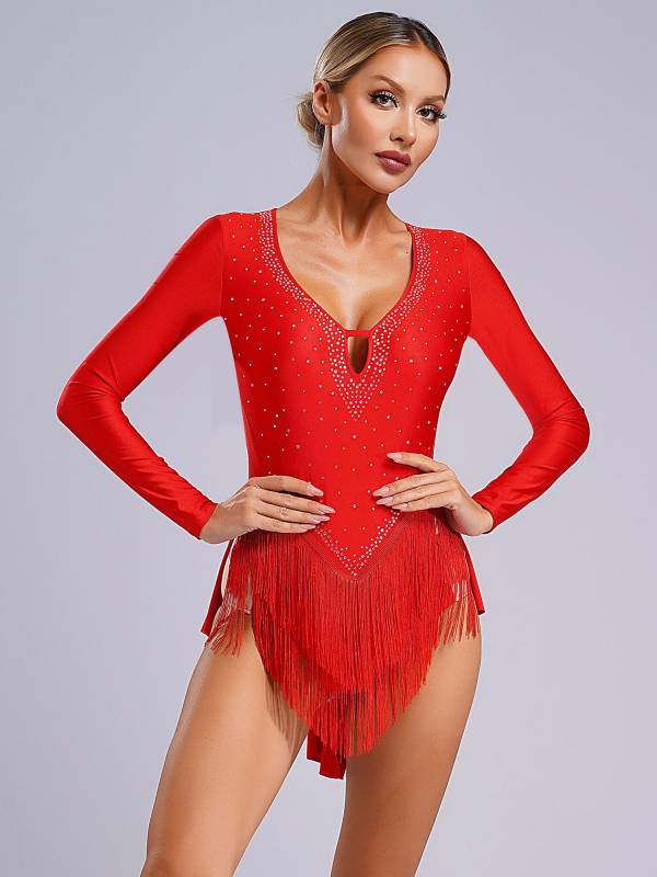 Women V-Neck Long Sleeve Backless Tassels Latin Dance Leotard thumb