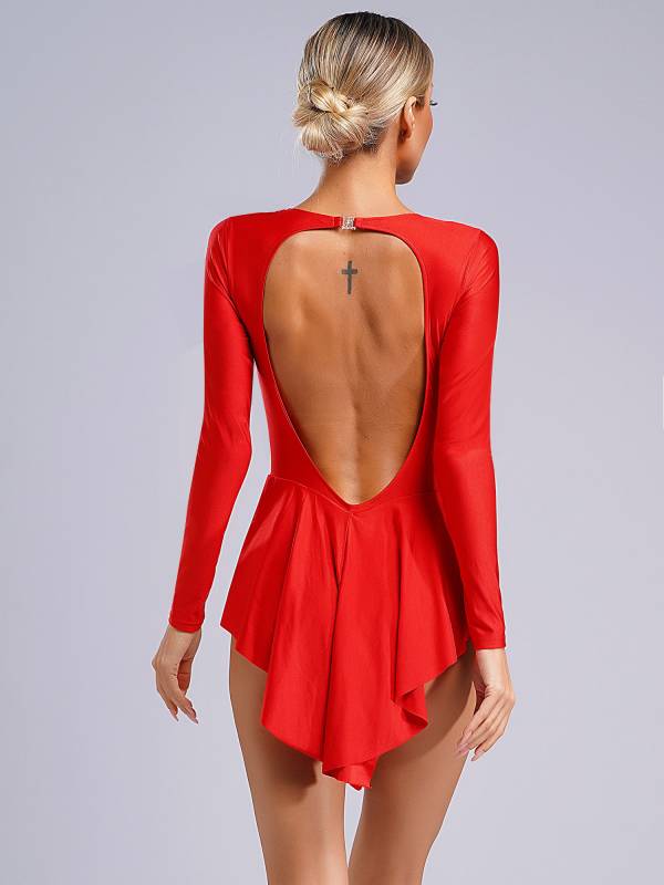 Women V-Neck Long Sleeve Backless Tassels Latin Dance Leotard thumb