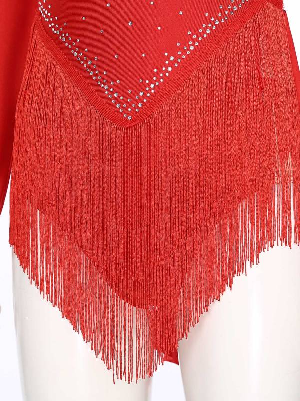 Women V-Neck Long Sleeve Backless Tassels Latin Dance Leotard thumb