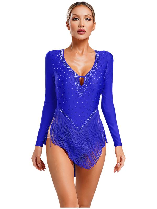 Women V-Neck Long Sleeve Backless Tassels Latin Dance Leotard thumb