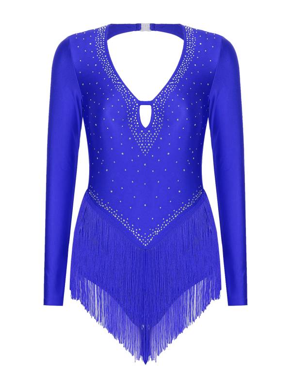 Women V-Neck Long Sleeve Backless Tassels Latin Dance Leotard thumb