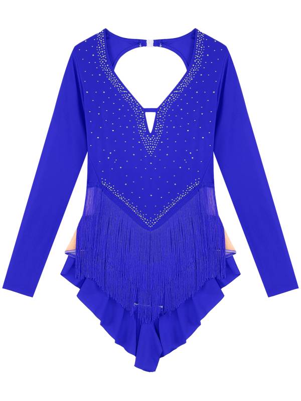 Women V-Neck Long Sleeve Backless Tassels Latin Dance Leotard thumb
