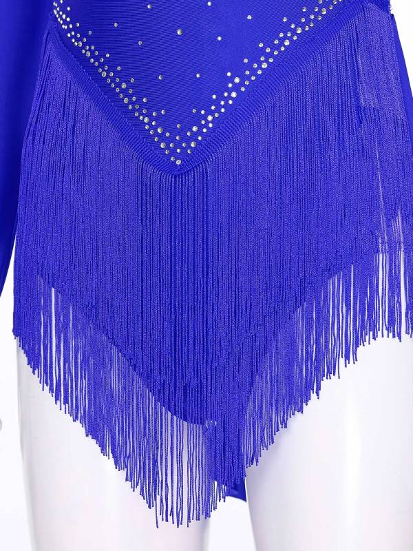 Women V-Neck Long Sleeve Backless Tassels Latin Dance Leotard thumb
