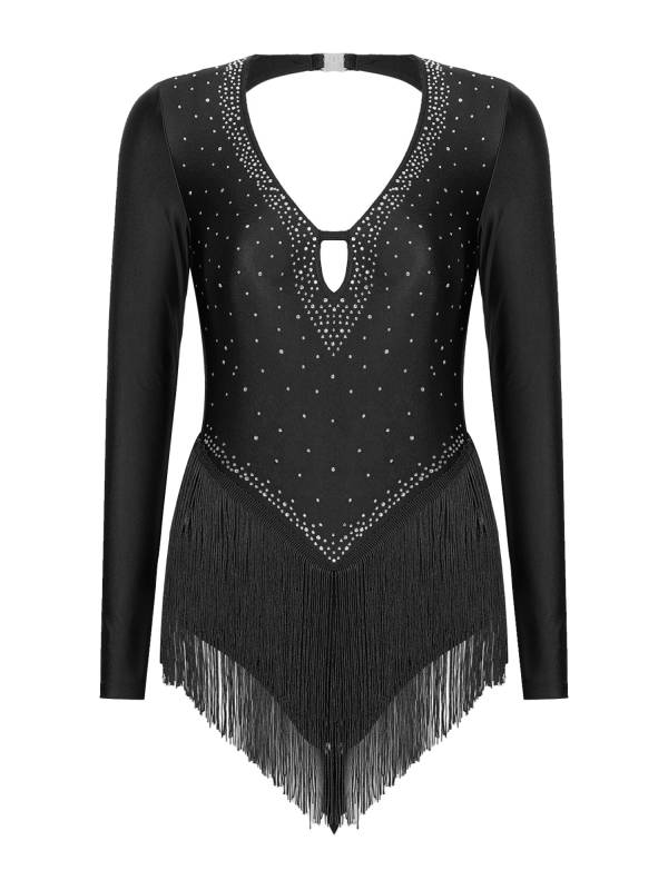 Women V-Neck Long Sleeve Backless Tassels Latin Dance Leotard thumb