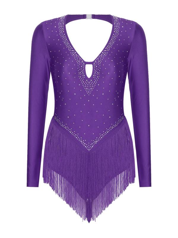 Women V-Neck Long Sleeve Backless Tassels Latin Dance Leotard thumb