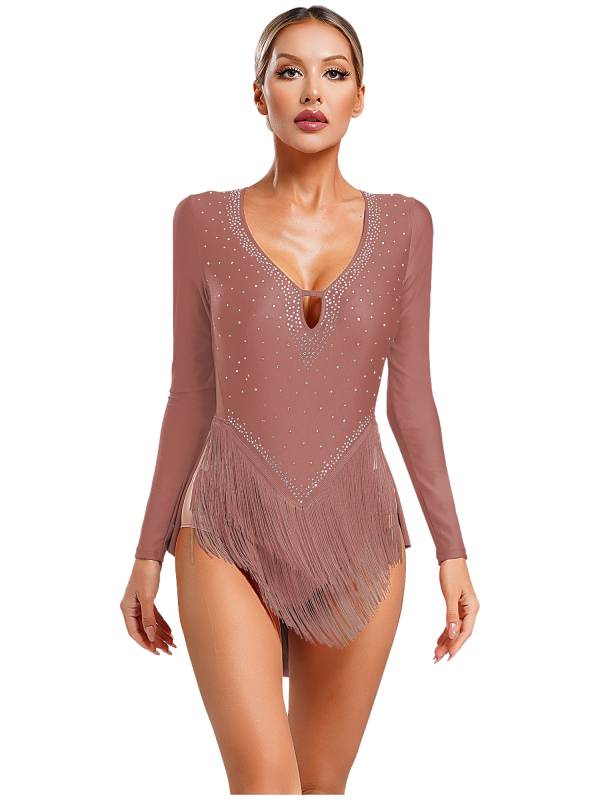 Women V-Neck Long Sleeve Backless Tassels Latin Dance Leotard thumb