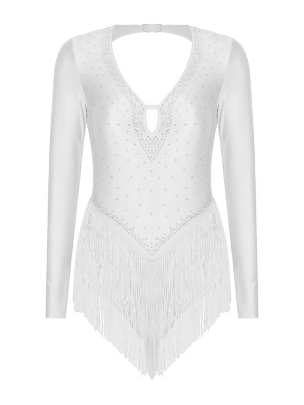 Women V-Neck Long Sleeve Backless Tassels Latin Dance Leotard thumb