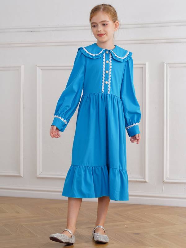Kids Girls Long Sleeve Lapel Ruffle 18s Victorian Medeival Costume Dress thumb