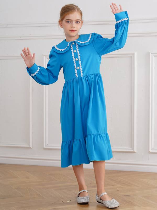 Kids Girls Long Sleeve Lapel Ruffle 18s Victorian Medeival Costume Dress thumb