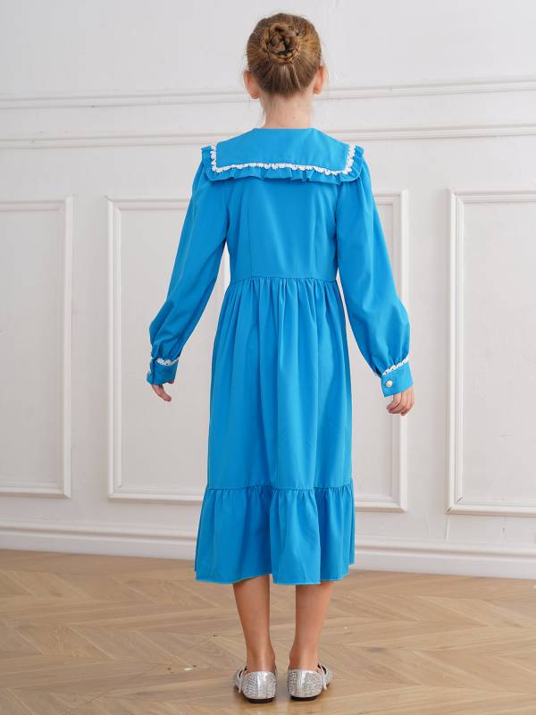 Kids Girls Long Sleeve Lapel Ruffle 18s Victorian Medeival Costume Dress thumb