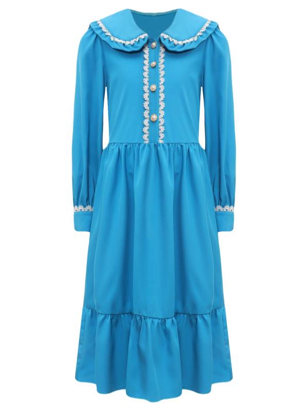 Kids Girls Long Sleeve Lapel Ruffle 18s Victorian Medeival Costume Dress thumb