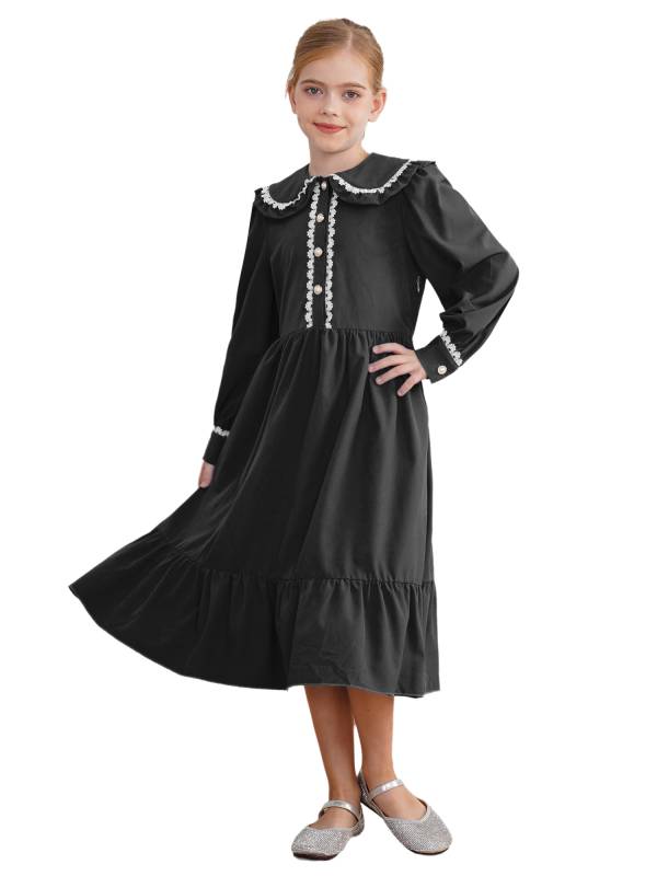 Kids Girls Long Sleeve Lapel Ruffle 18s Victorian Medeival Costume Dress thumb