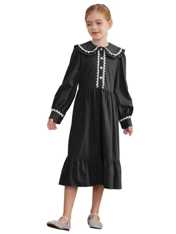 Kids Girls Long Sleeve Lapel Ruffle 18s Victorian Medeival Costume Dress thumb