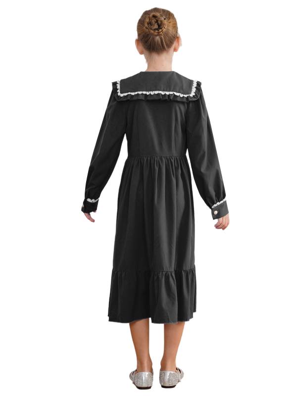 Kids Girls Long Sleeve Lapel Ruffle 18s Victorian Medeival Costume Dress thumb