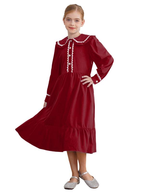 Kids Girls Long Sleeve Lapel Ruffle 18s Victorian Medeival Costume Dress thumb