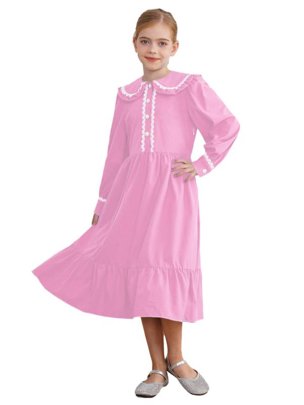 Kids Girls Long Sleeve Lapel Ruffle 18s Victorian Medeival Costume Dress thumb