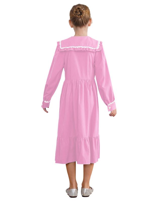 Kids Girls Long Sleeve Lapel Ruffle 18s Victorian Medeival Costume Dress thumb