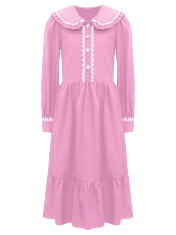 Kids Girls Long Sleeve Lapel Ruffle 18s Victorian Medeival Costume Dress thumb