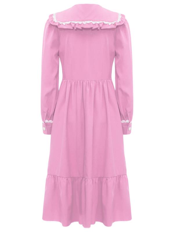 Kids Girls Long Sleeve Lapel Ruffle 18s Victorian Medeival Costume Dress thumb