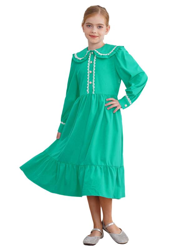 Kids Girls Long Sleeve Lapel Ruffle 18s Victorian Medeival Costume Dress thumb