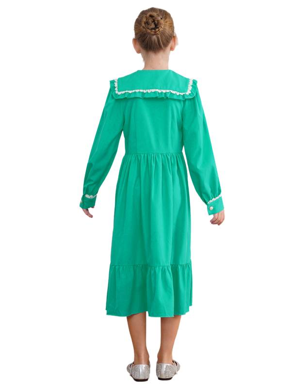 Kids Girls Long Sleeve Lapel Ruffle 18s Victorian Medeival Costume Dress thumb