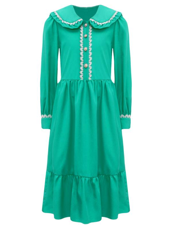 Kids Girls Long Sleeve Lapel Ruffle 18s Victorian Medeival Costume Dress thumb