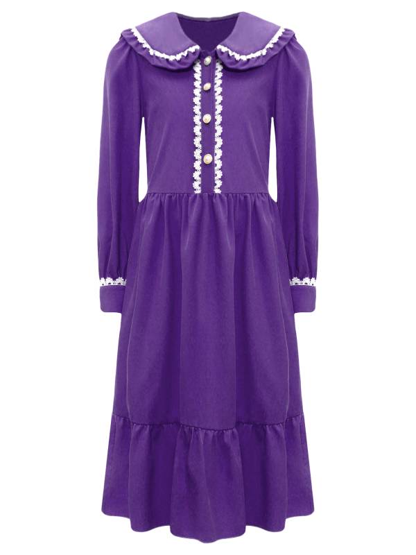 Kids Girls Long Sleeve Lapel Ruffle 18s Victorian Medeival Costume Dress thumb