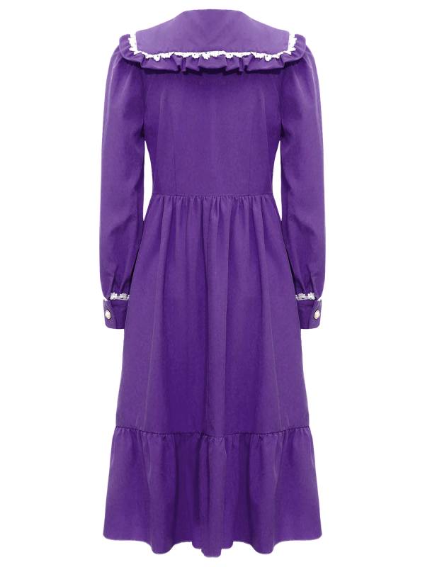 Kids Girls Long Sleeve Lapel Ruffle 18s Victorian Medeival Costume Dress thumb