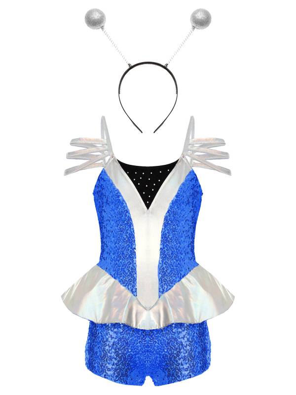 Kids Girls Alien Costume Sleeveless Sequins Jumpsuit with Headwear thumb