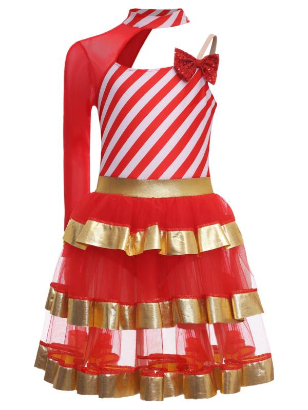 Kids Girls Christmas Asymmetrical Shoulder Stripes Tiered Mesh Tutu Dress thumb