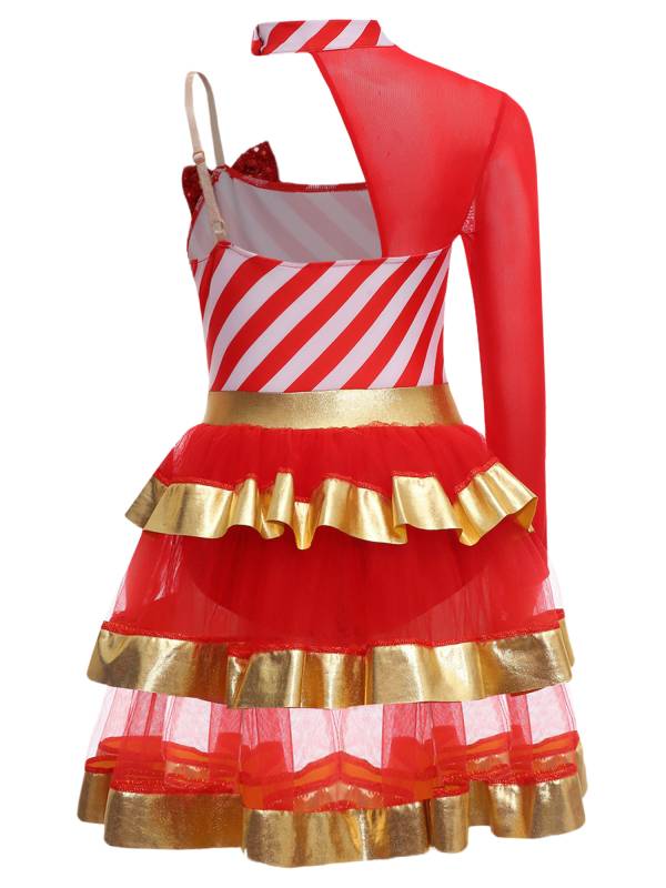 Kids Girls Christmas Asymmetrical Shoulder Stripes Tiered Mesh Tutu Dress thumb