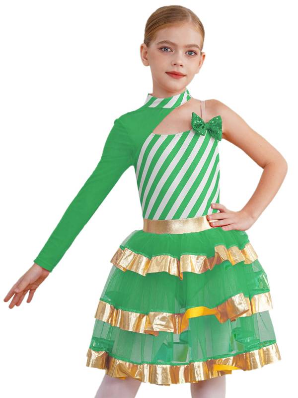 Kids Girls Christmas Asymmetrical Shoulder Stripes Tiered Mesh Tutu Dress thumb
