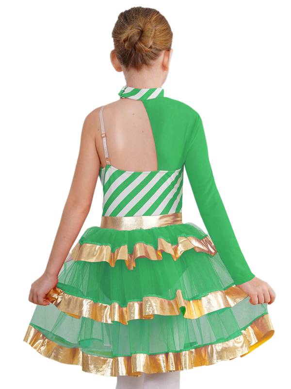 Kids Girls Christmas Asymmetrical Shoulder Stripes Tiered Mesh Tutu Dress thumb
