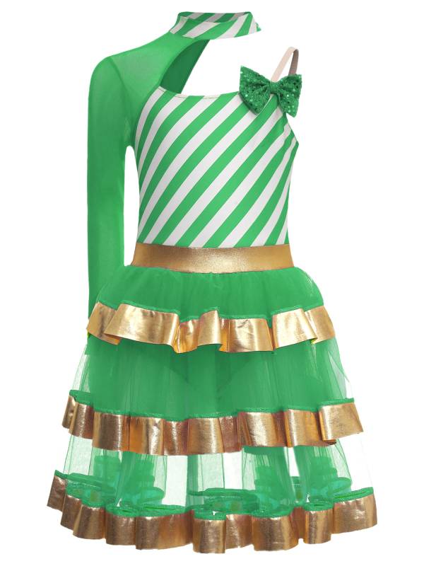 Kids Girls Christmas Asymmetrical Shoulder Stripes Tiered Mesh Tutu Dress thumb